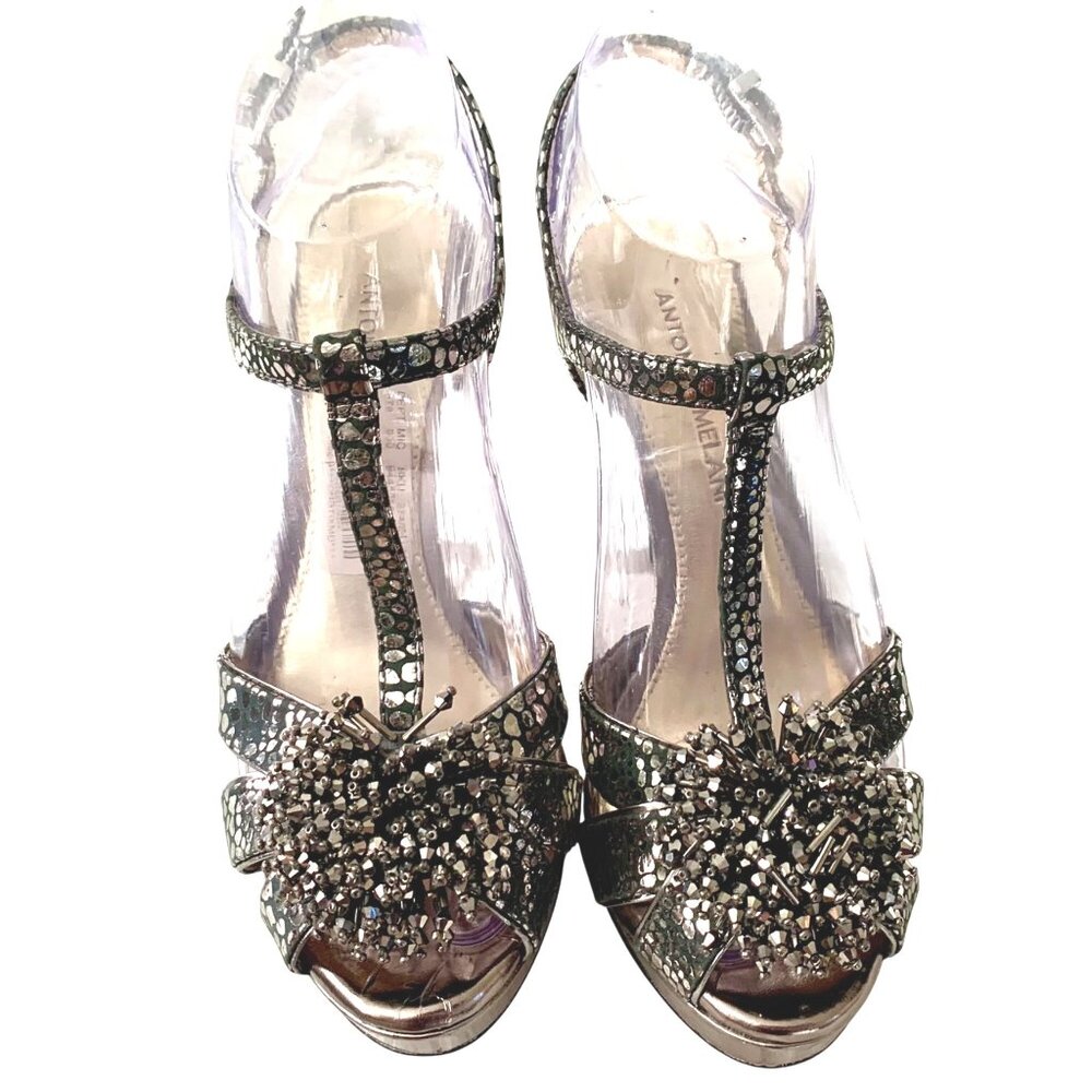 Antonio Melani Silverstone Embellished Heels T-Strap 6.5 Shoes Formal Open Toe